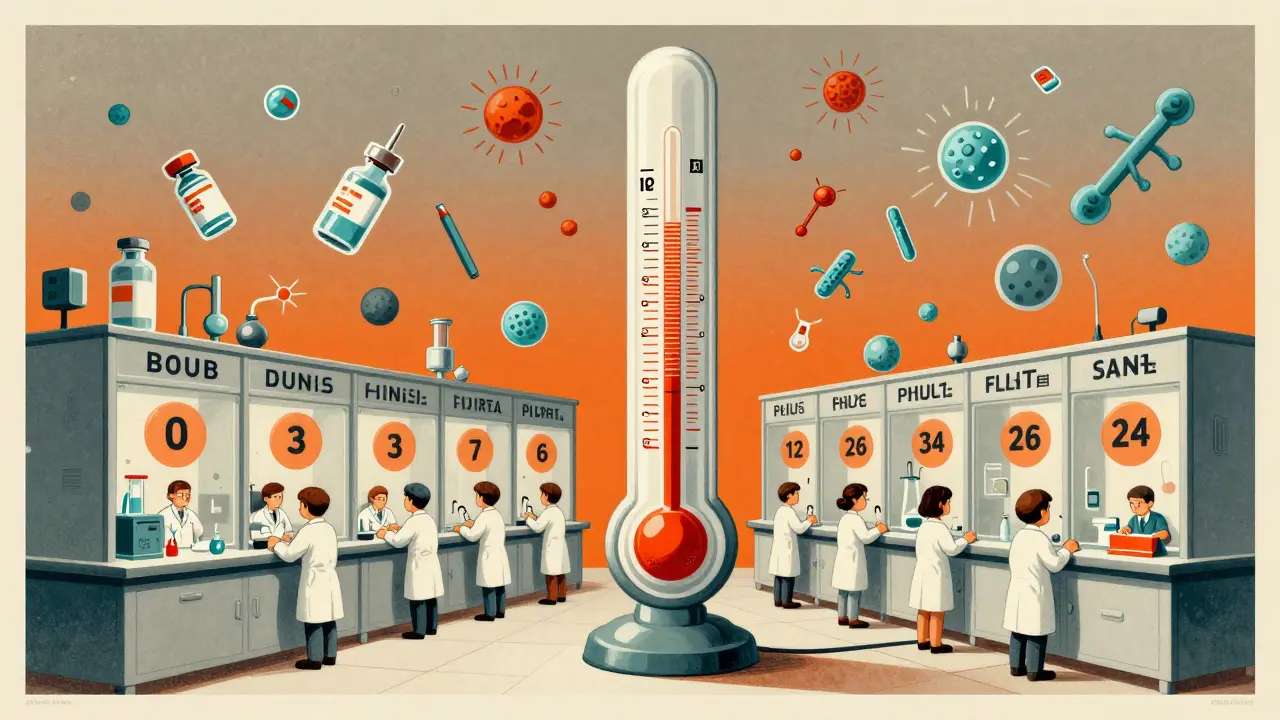 Giant instruments monitor stability tests with scientists watching time points in a surreal laboratory scene.