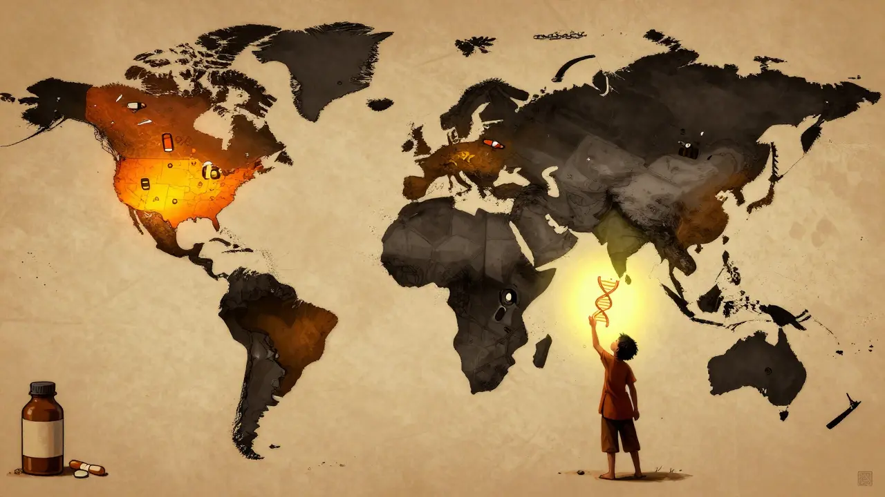 Global map showing access disparity to CF therapies, glowing regions contrasted with dark areas, child reaching for DNA light.