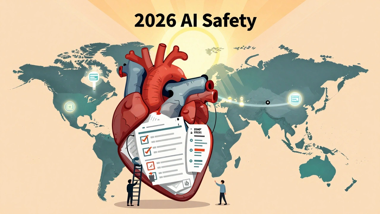 Heart made of report forms and checklists, with figures climbing toward an AI-powered sunrise over a global map.