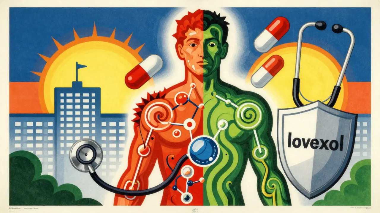 Human silhouette with contrast dye molecules, one type dangerous, one safe, surrounded by pills and medical shield under rising sun.