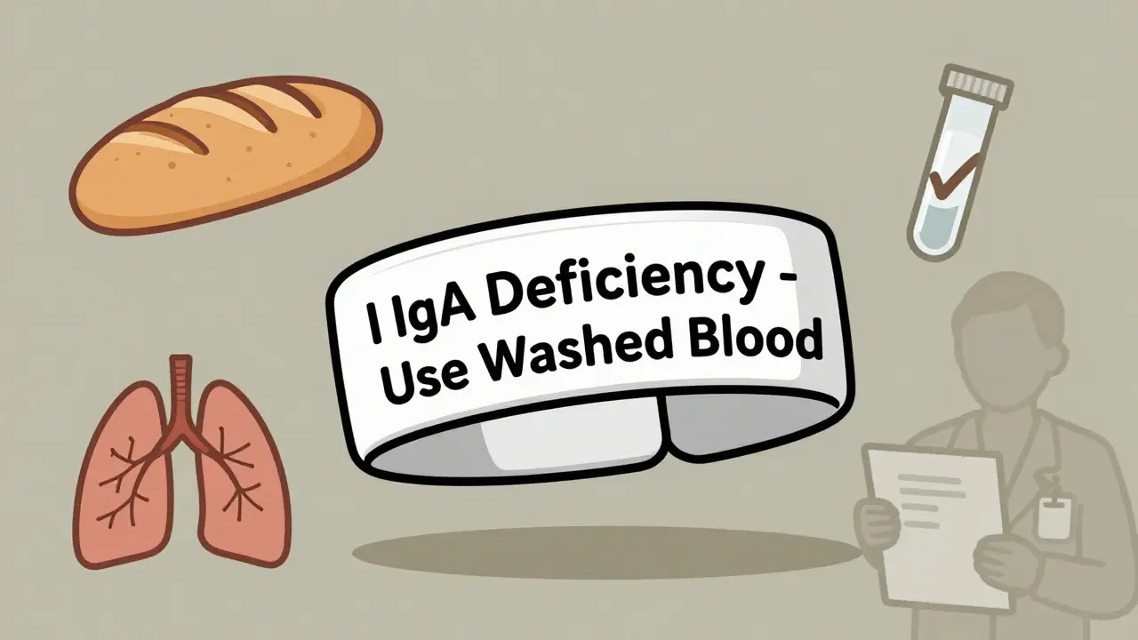 Medical alert bracelet with IgA deficiency warning, surrounded by health-related icons in symbolic style.