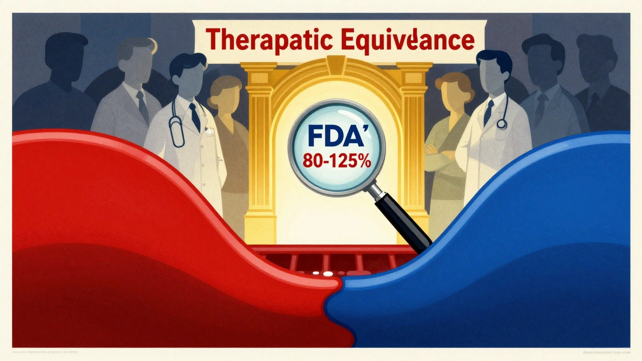 Overlapping blood absorption curves for brand and generic drugs, with FDA’s 80-125% range as a golden gate.