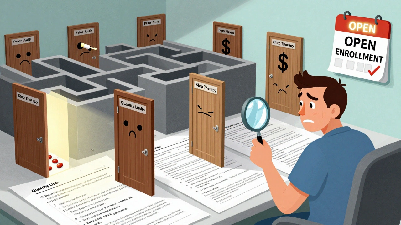 Patient navigating bureaucratic maze of insurance barriers labeled Prior Auth and Step Therapy.