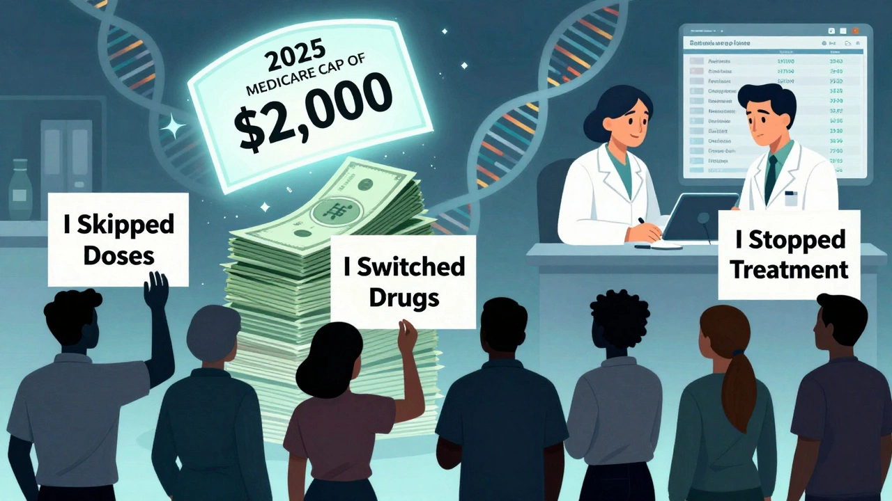 Patients holding protest signs as ,000 Medicare cap descends, with genetic data hinting at future formularies.