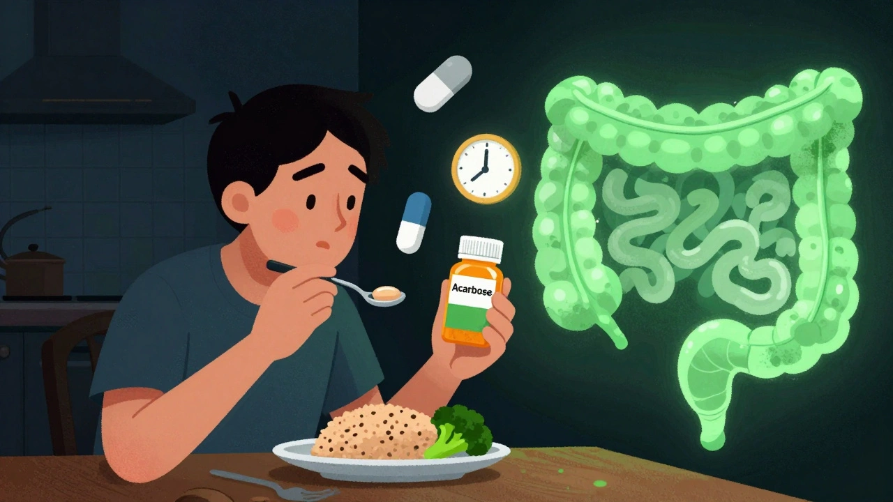 Person eating healthy meal with acarbose pill and relief supplements floating above in stylized poster art.