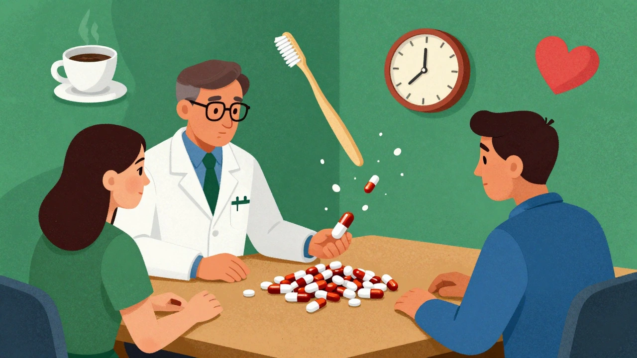 Pharmacist and patient at a table as pills merge into one, surrounded by symbolic icons of daily routines.