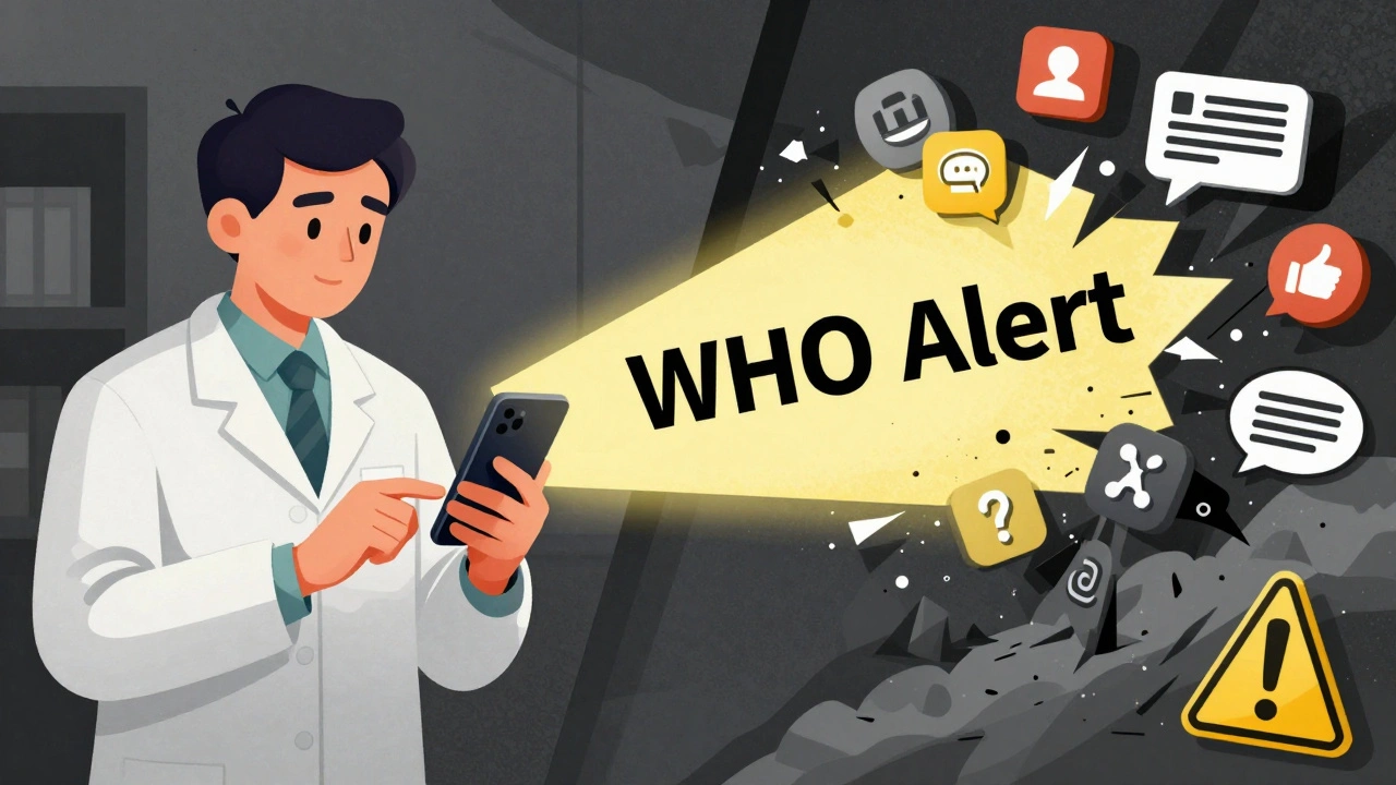 Pharmacist reporting safely on one side, misinformation storm being shattered by a WHO alert beam.