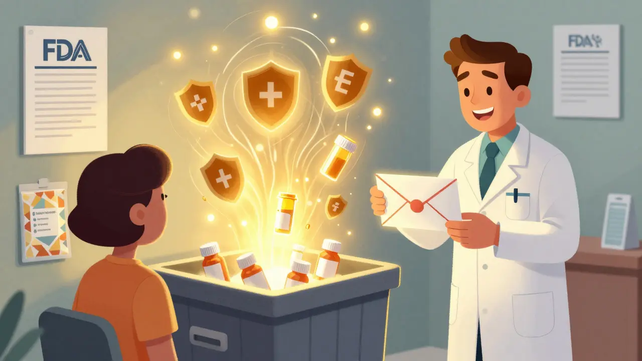 Pharmacy drop-off bin glowing with protective symbols as a customer receives a mail-back envelope.