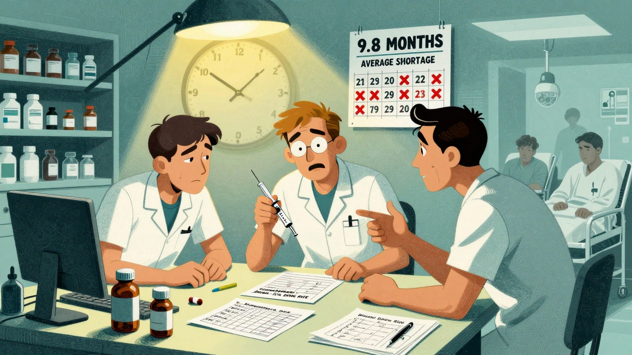 Pharmacy staff scramble with substitution charts and syringes under emergency lights, surrounded by warnings of delays and errors.