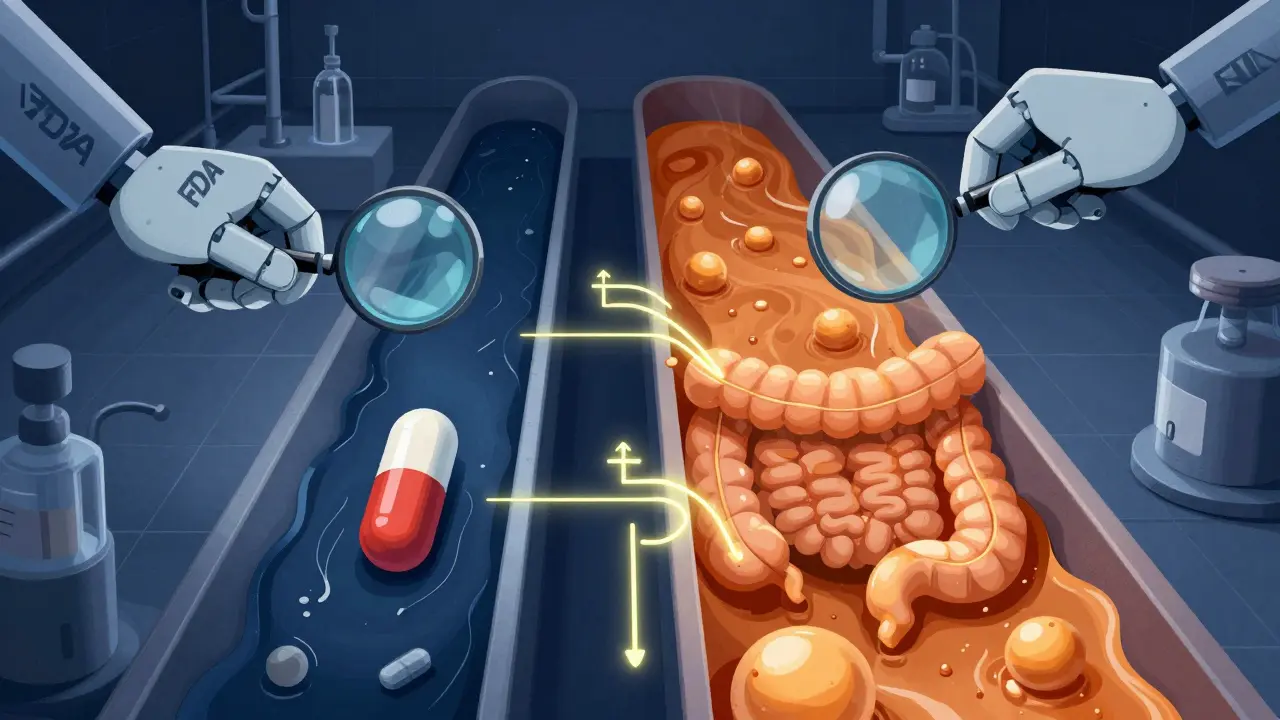 SmartPill capsule traveling through contrasting digestive environments under regulatory scrutiny