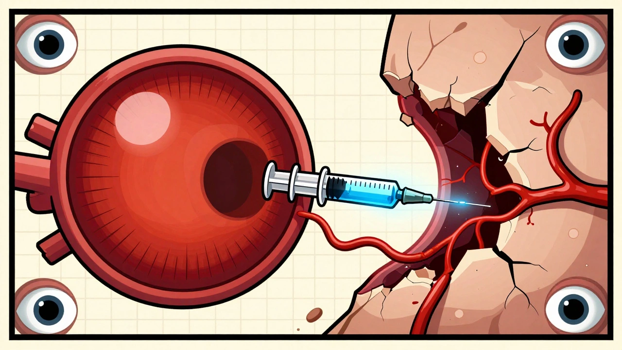 Split illustration of healthy vs. damaged retina, with anti-VEGF injection stopping leaking blood vessels in a medical grid background.