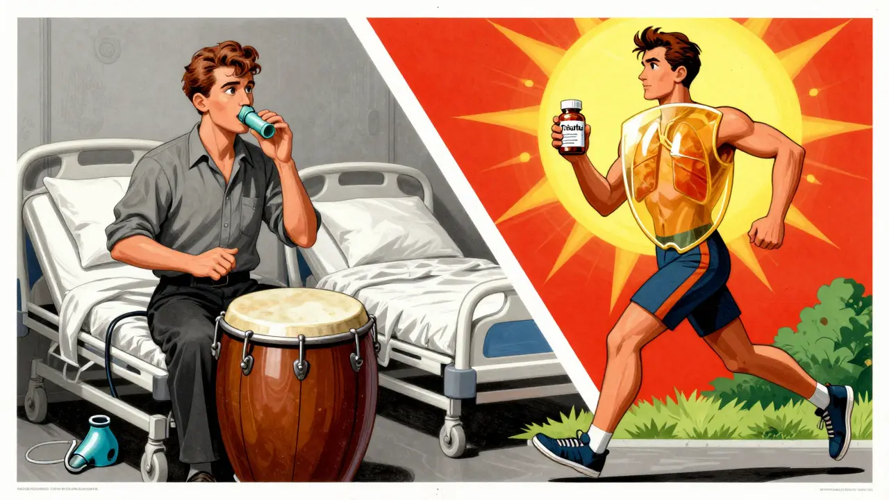Split image: 1960s CF patient surrounded by medical devices vs. modern person jogging with Trikafta, symbolizing progress.