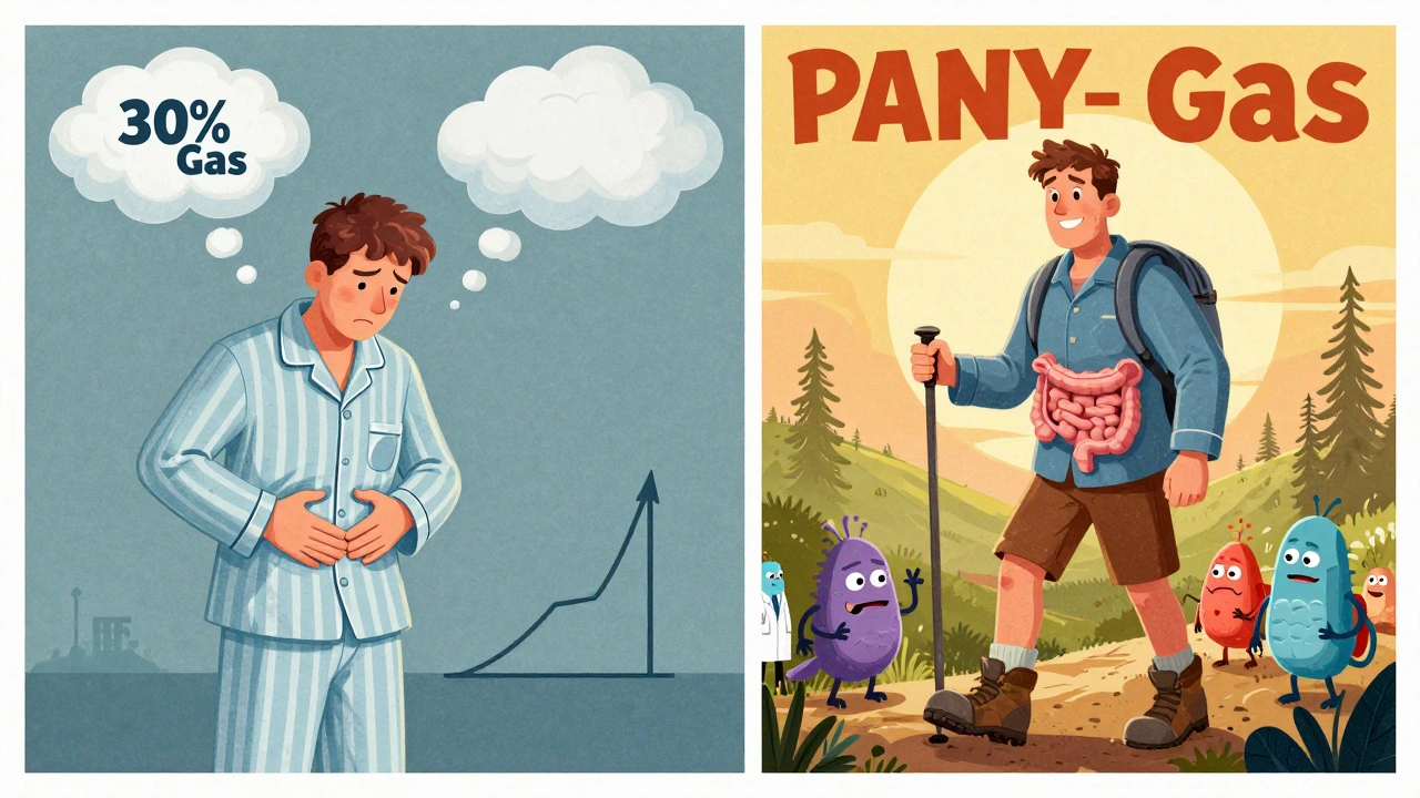 Split image showing digestive distress transforming into wellness over six months in graphic poster style.