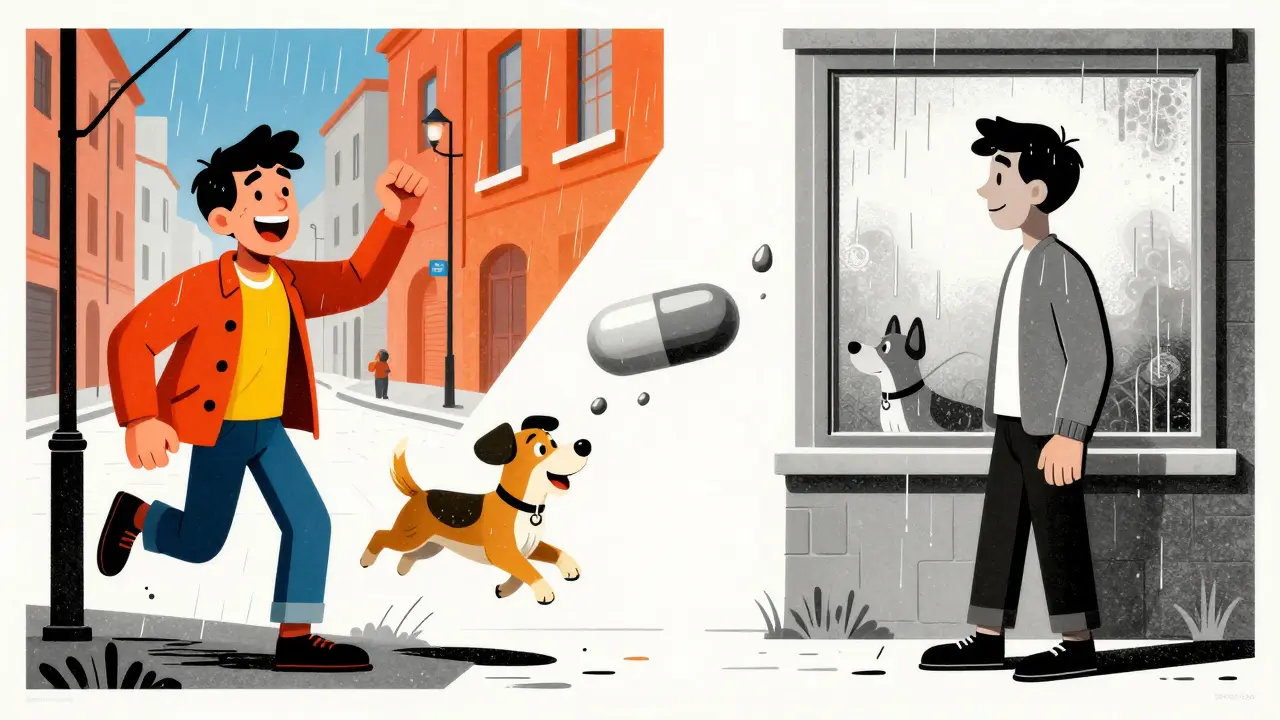 Split image: vibrant emotions on one side, grayscale numbness on the other, with a dissolving SSRI pill in between.