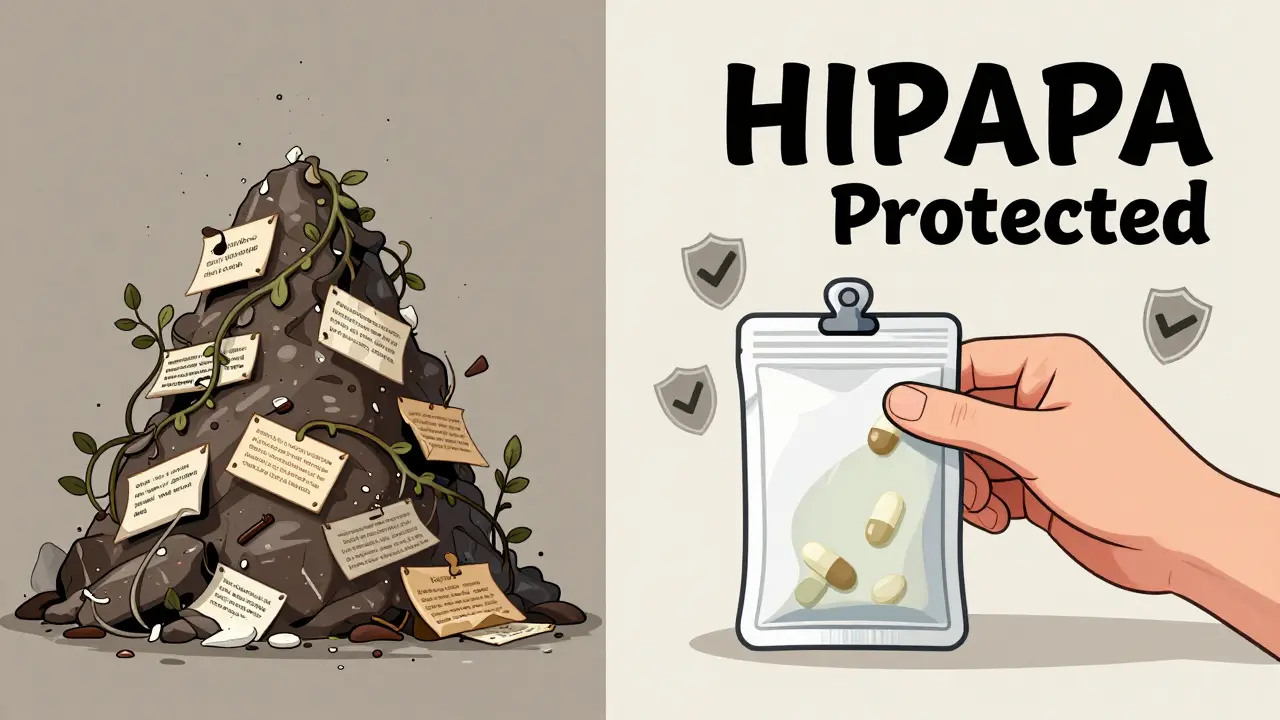 Split scene: chaotic trash with exposed health data vs. clean pouch neutralizing pills safely.