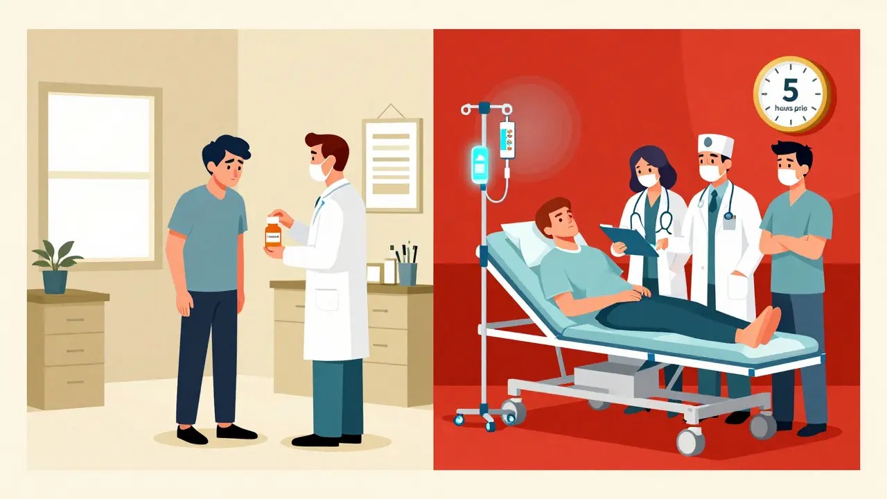 Split scene: confused clinic visit vs. prepared hospital setting with IV drips and timing clock, contrasting care quality.