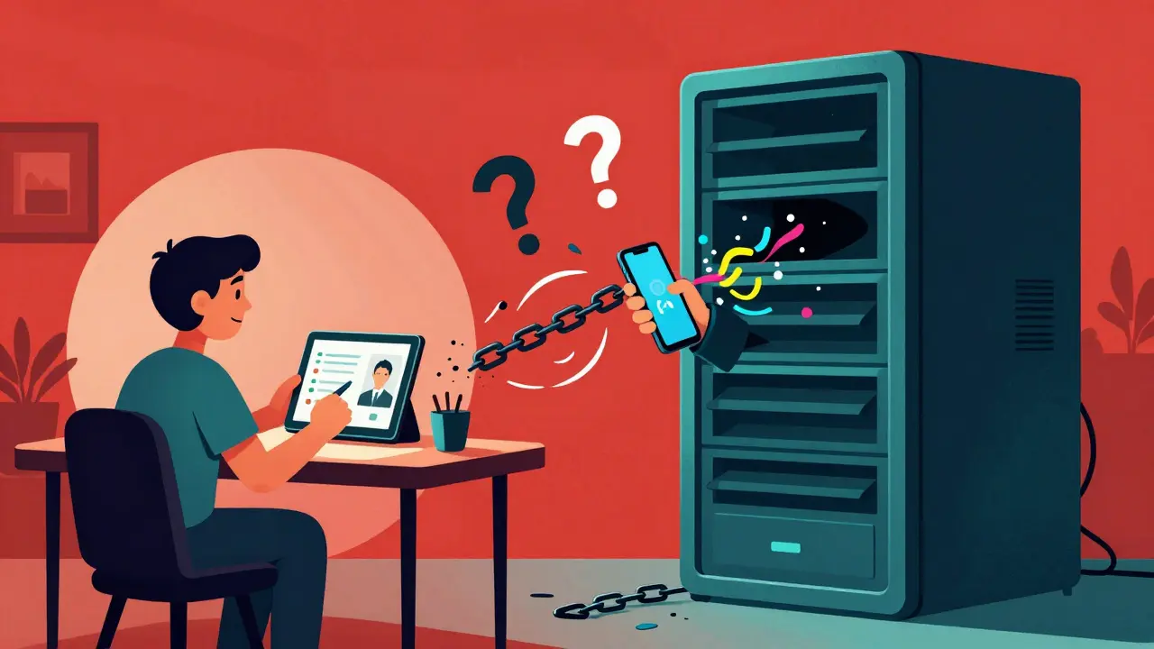 Therapist on video call vs. corporate server harvesting emotional data in contrasting styles.