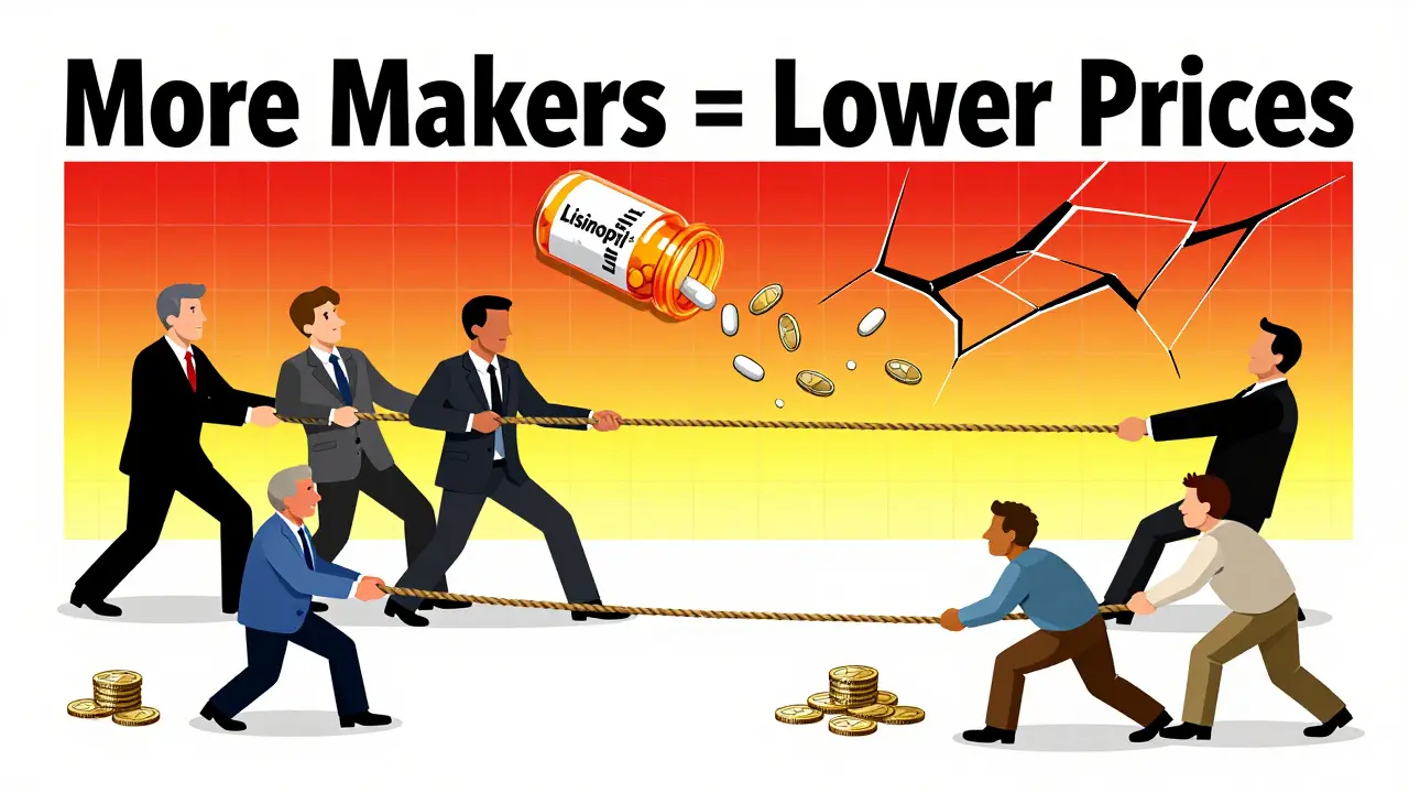 Tug-of-war between corporate and generic drug makers over a pill bottle releasing coins.