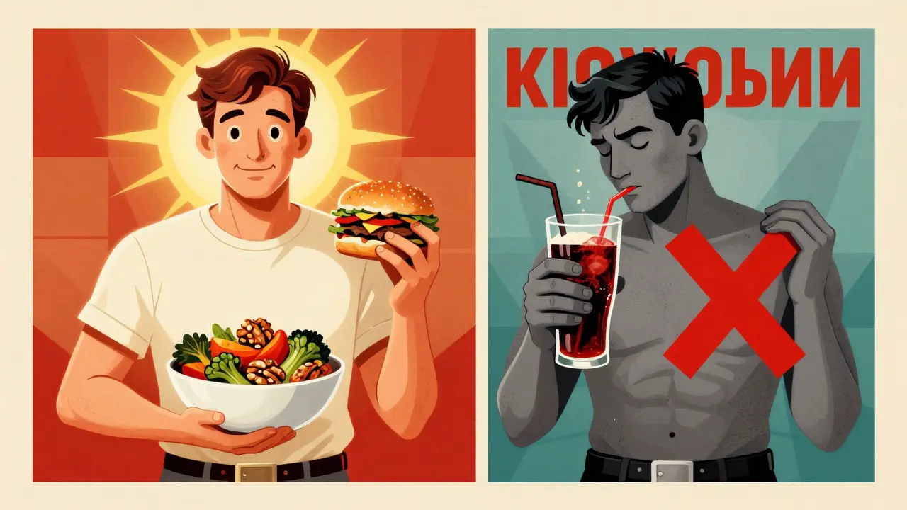 Two versions of a man: one healthy with vegetables and light, the other sluggish with junk food and shadows.