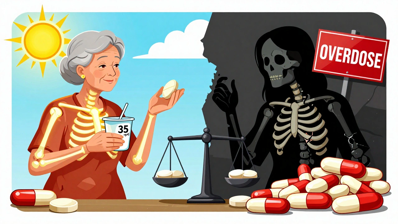 Two versions of a woman: one healthy with sun and yogurt, the other crumbling under vitamin pill piles.