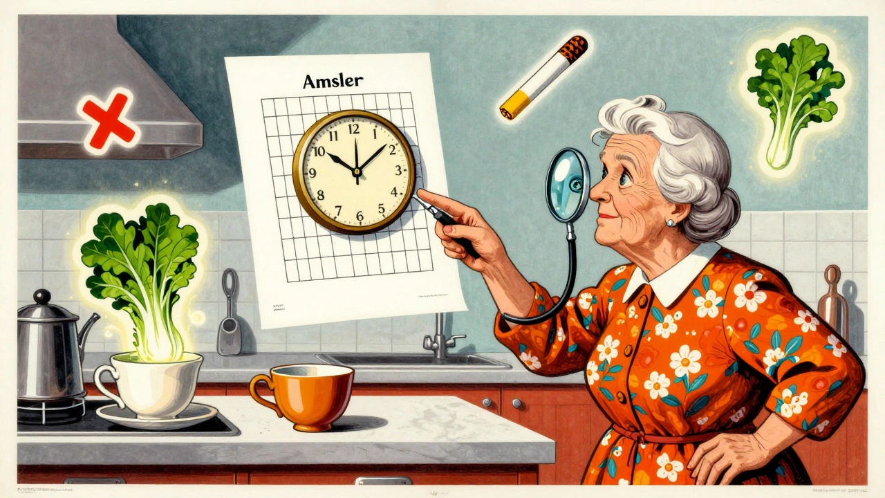 Woman examining a floating Amsler grid in a surreal kitchen, with symbolic icons of smoking cessation, vitamins, and eye implant.