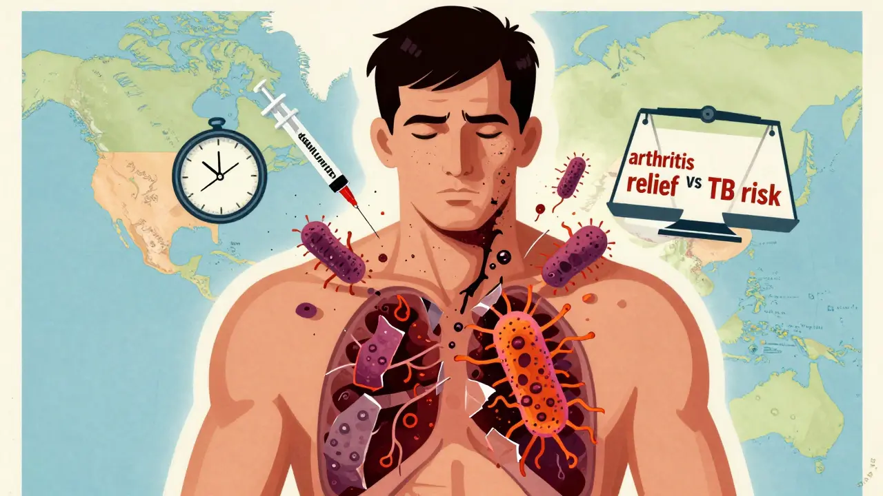 A bursting TB bacterium towers over a patient, surrounded by medical symbols and global risk maps in surreal poster style.