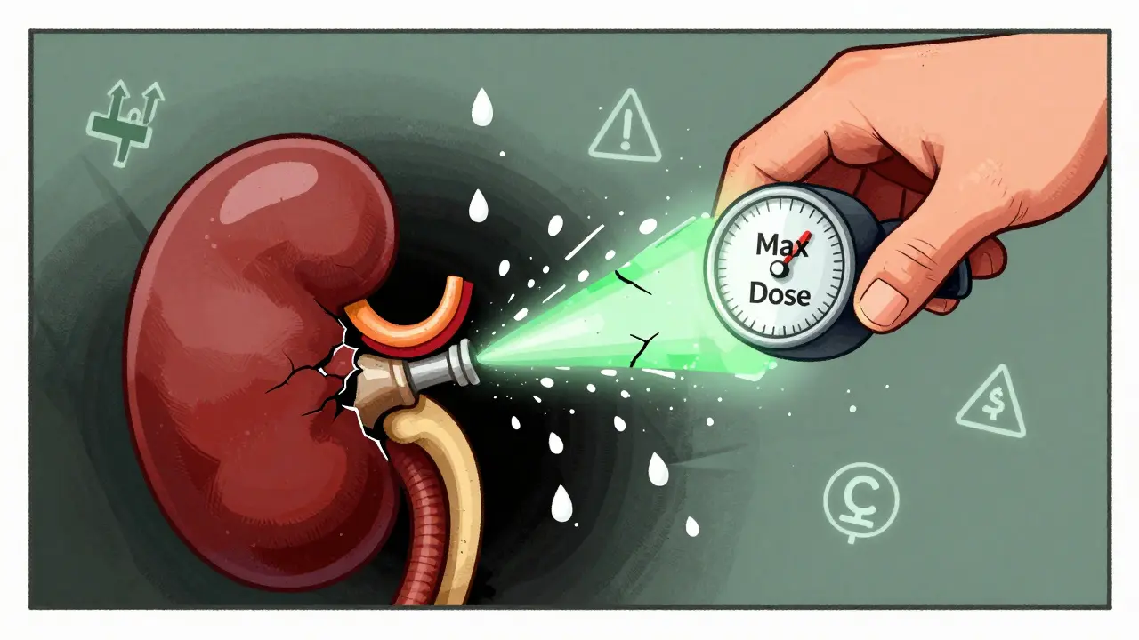 A cracked kidney hose leaking protein, sealed by a max-dose light from a giant dial.