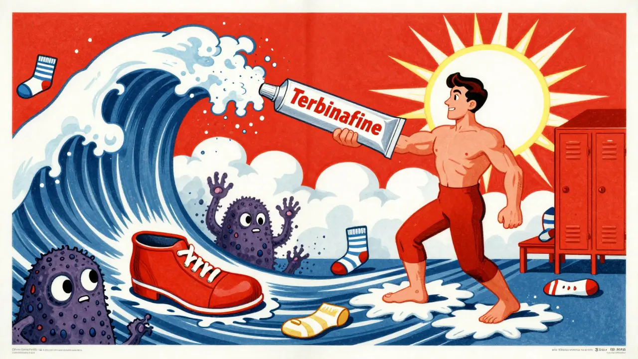 A cream tube fighting fungal monsters in a locker room, with socks and powder clouds in vibrant poster colors.