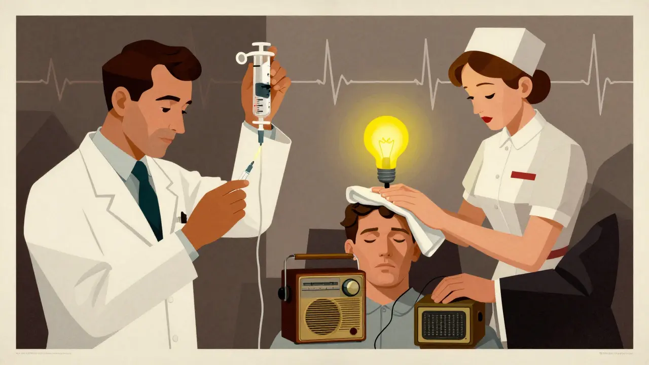A doctor adjusting medication while a nurse and chaplain provide comfort, with vital signs floating nearby.