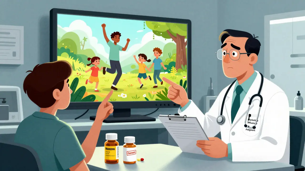 A doctor prescribes a brand-name drug as a patient points to a floating TV ad, with generic pills on the desk beside them.