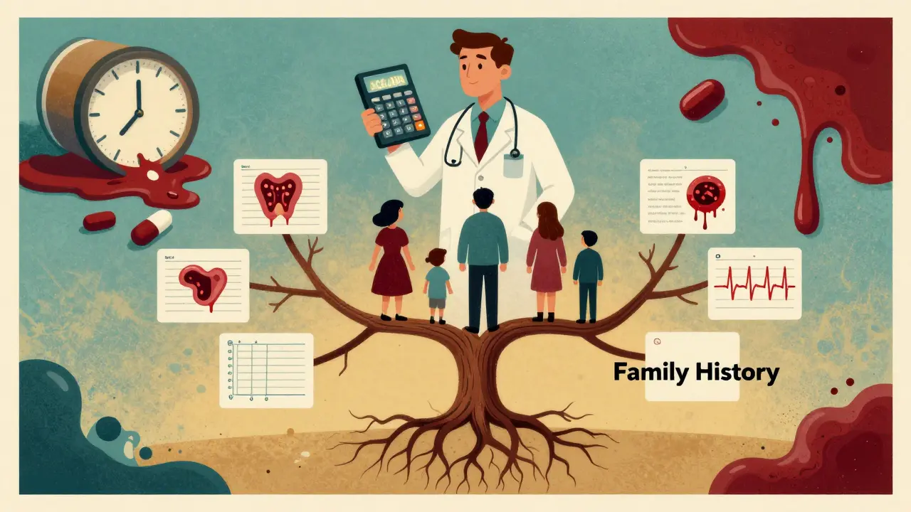 A family tree transforming into medical data and bleeding risks under a doctor's calculation.