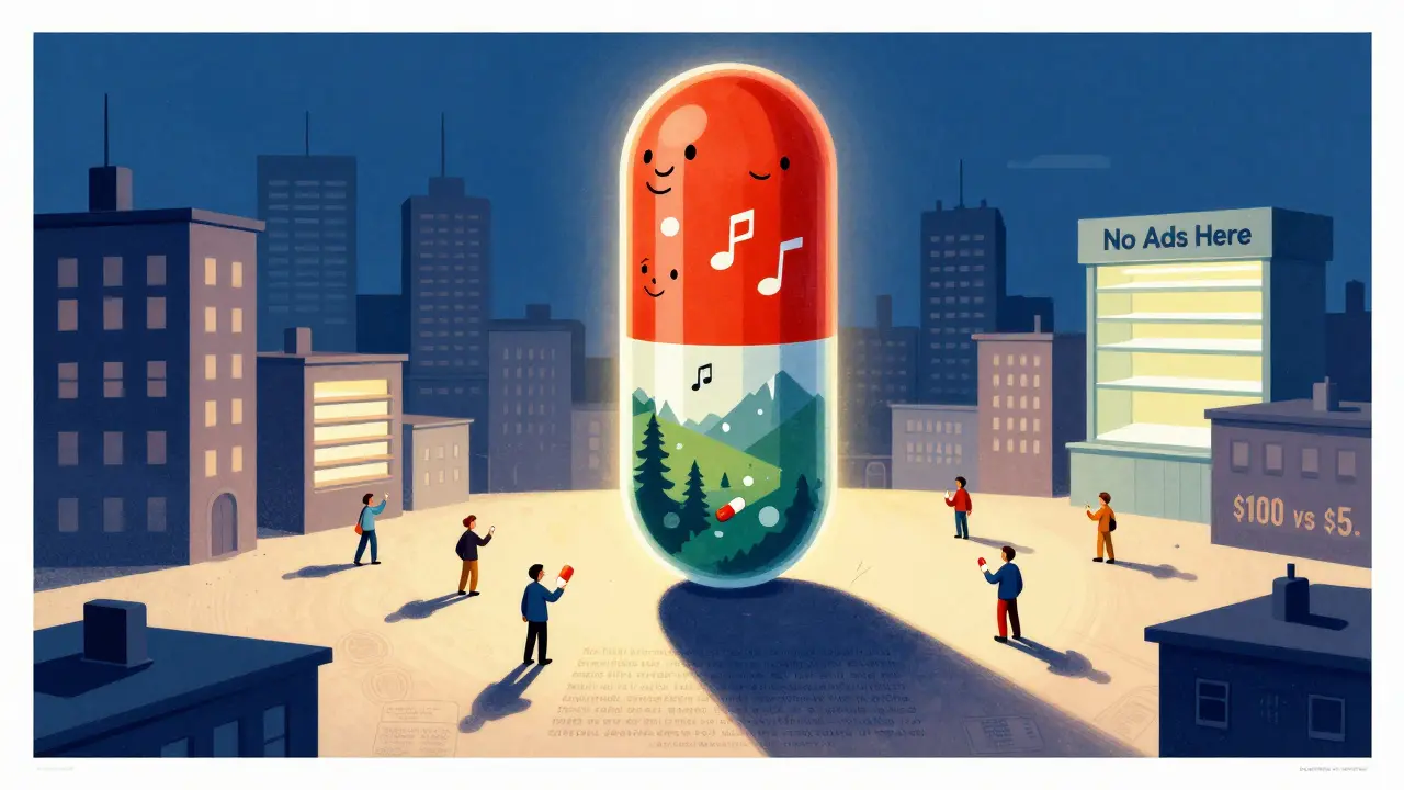 A giant branded pill towers over a city, casting a shadow of warnings and price differences over tiny generic pills.