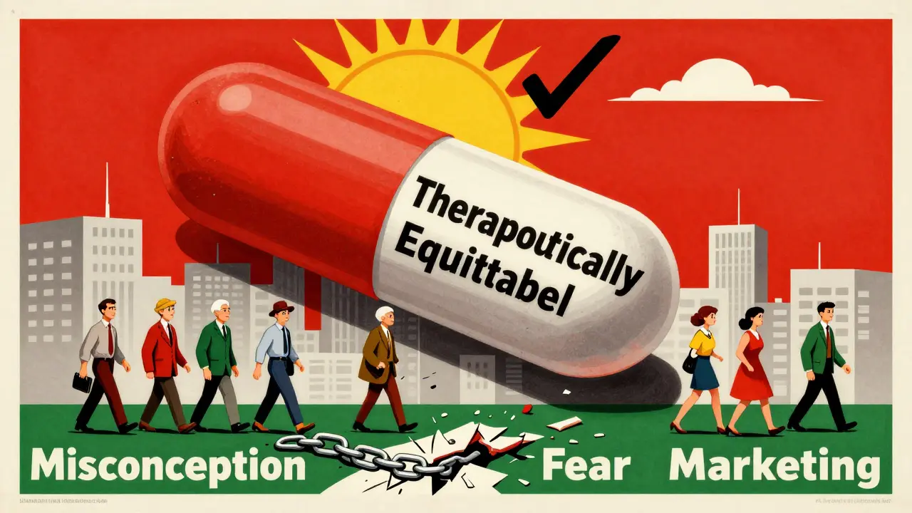 A giant generic pill monument rises over fallen brand logos, people walking confidently as a sun shaped like an FDA checkmark shines above.