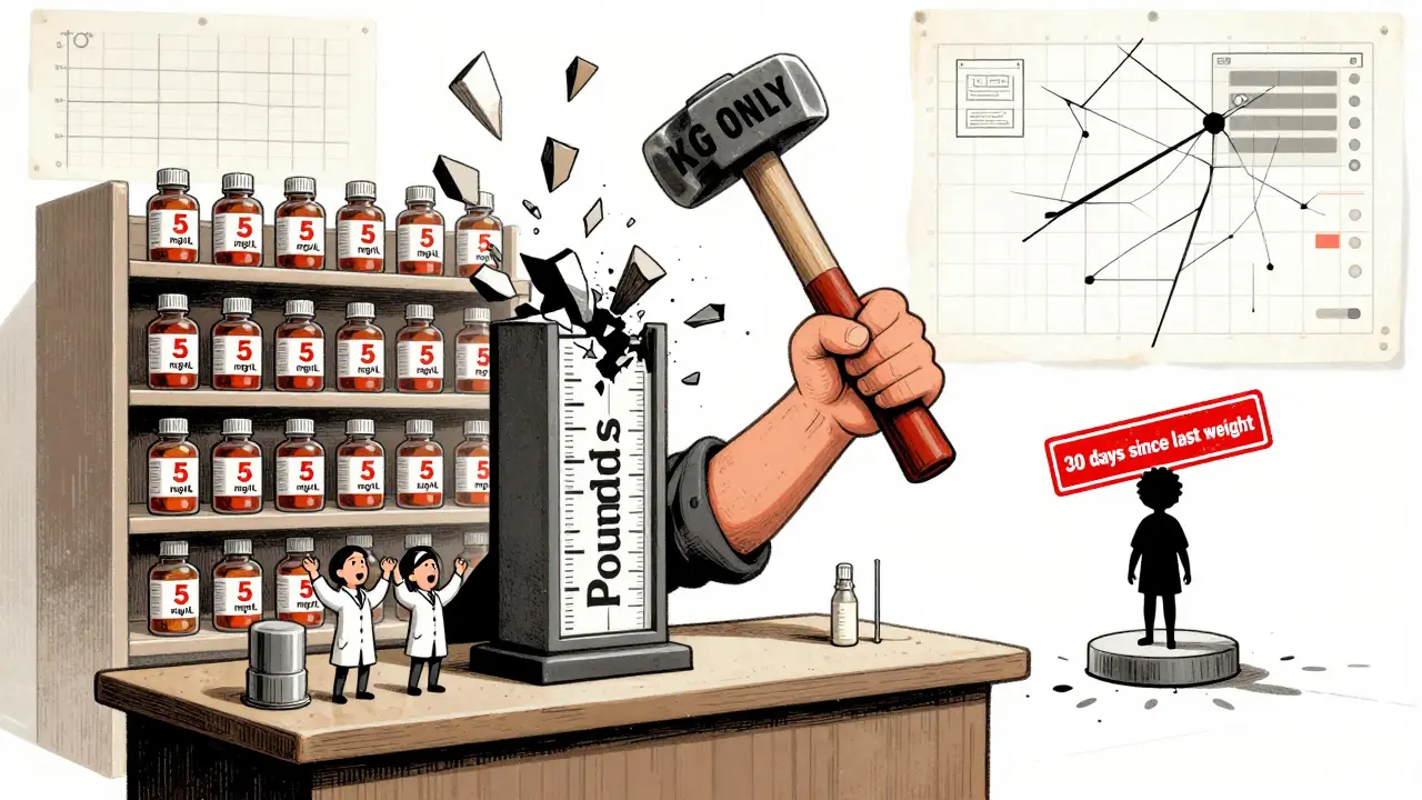 A giant hammer smashing a pounds scale while pharmacists celebrate kilogram-only safety standards.