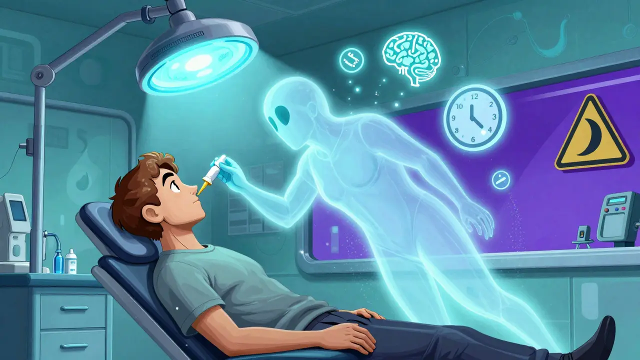 A patient receiving a nasal antidepressant while their spirit floats above, surrounded by symbols of time and dissociation in a glowing clinic.