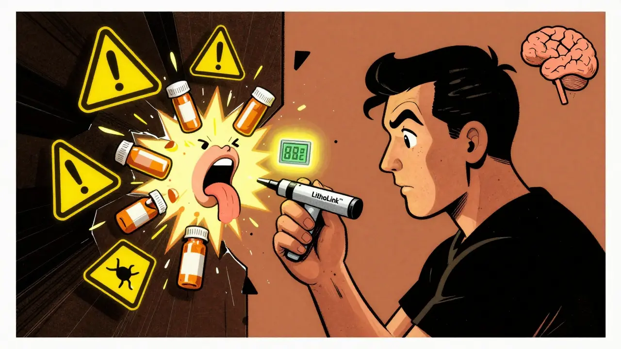 A patient using a home lithium monitor as prescription bottles explode into warning symbols, in high-contrast Polish poster style.