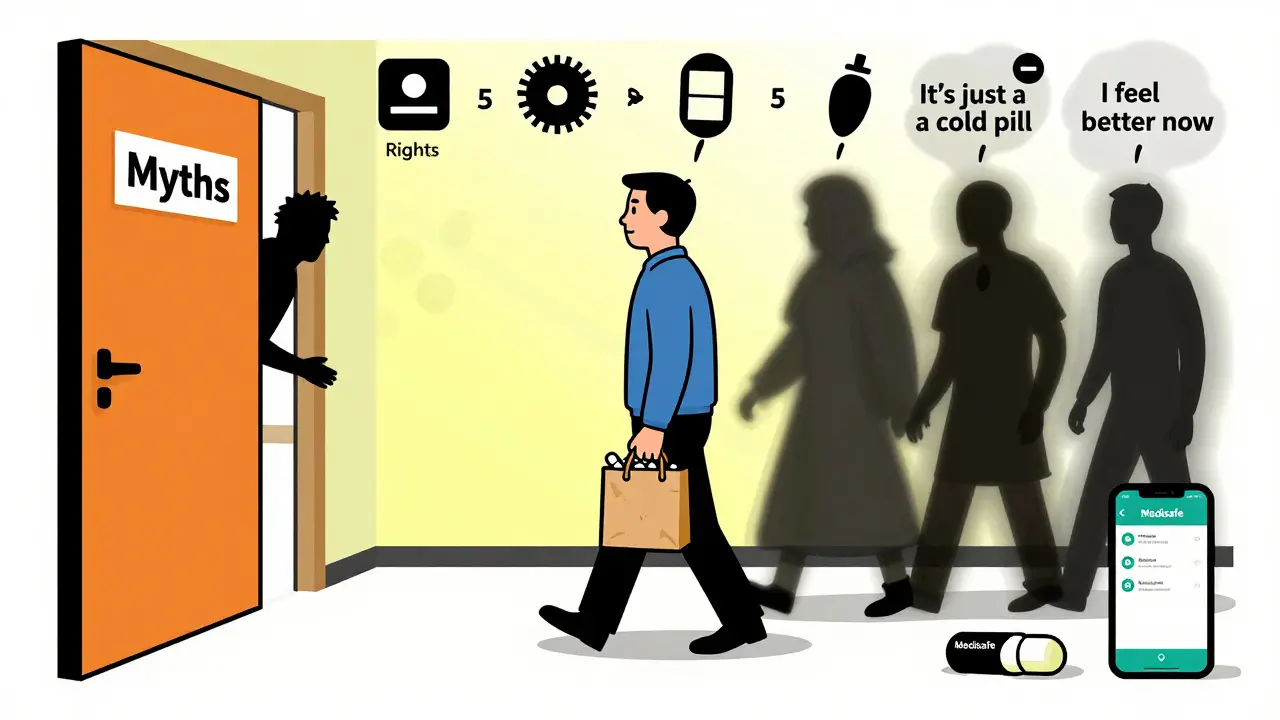 A patient walking from myths into safety, leaving behind whispering shadows, with icons of medication safety ahead.