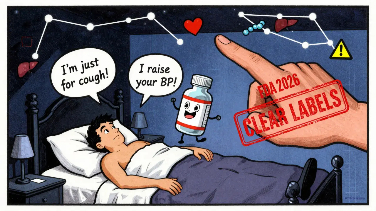 A person in bed surrounded by arguing medicine bottles, with a giant FDA stamp pressing down from above.