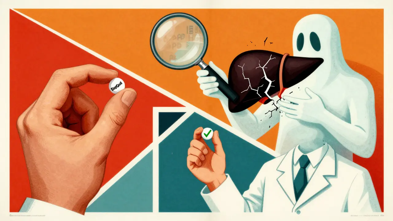 A person taking two pills while their liver cracks, with tiny ingredient labels visible under a magnifying glass.