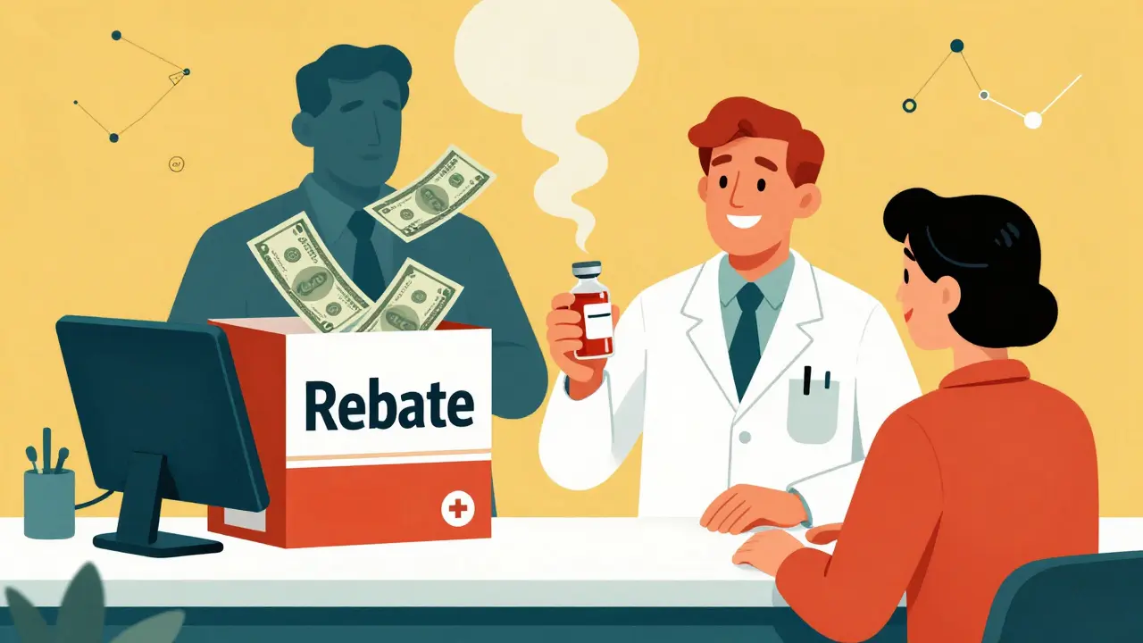 A pharmacist gives a biosimilar to a patient while a PBM executive counts rebates from a brand drug box.