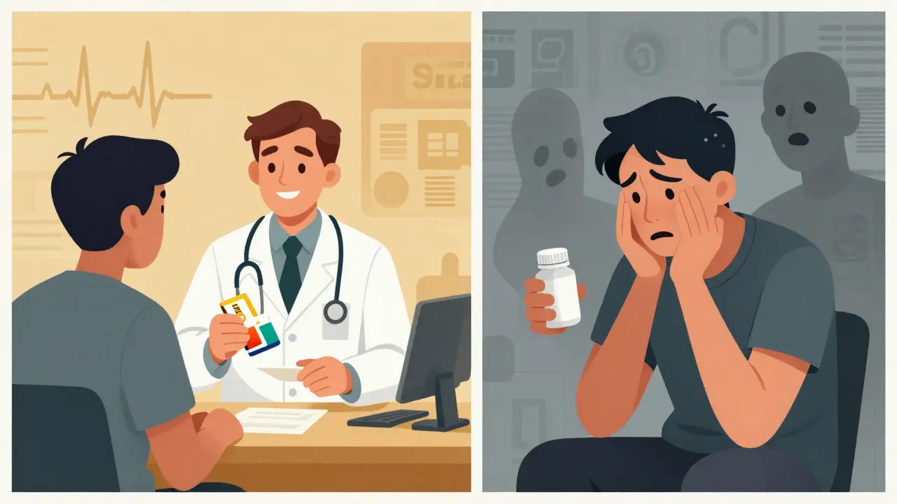 A split scene showing a patient receiving a branded pill with reassurance versus a generic pill triggering anxiety and doubt.