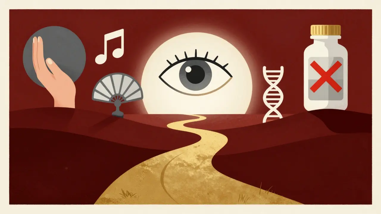 A symbolic path to peace with icons of music, touch, and DNA, watched over by a serene eye.
