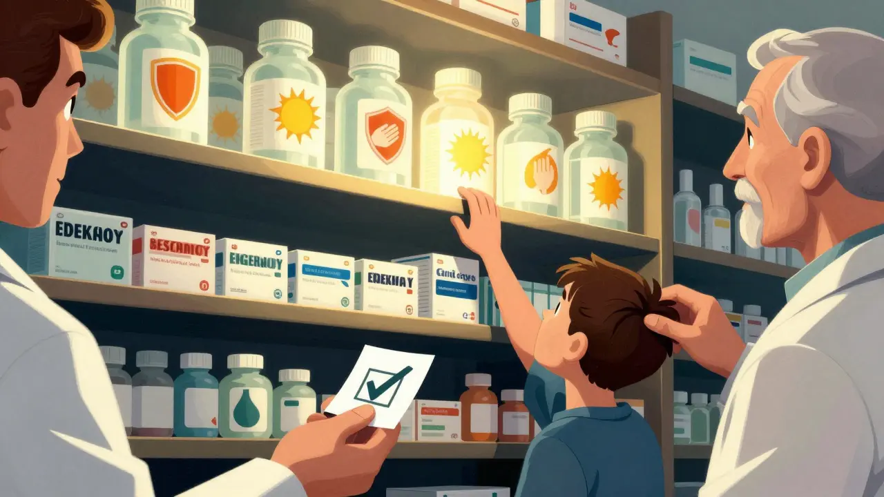 A towering pharmacy shelf with glowing brand-name drugs above dim generics, as a young person reaches up while an older hand chooses a generic.