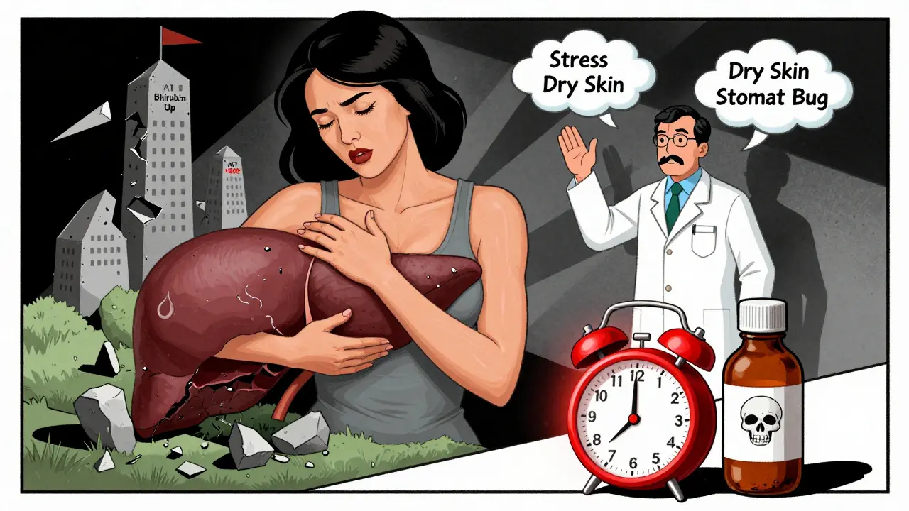 A woman in pain as her body becomes a crumbling liver landscape, with doctors ignoring her symptoms and a countdown clock nearby.