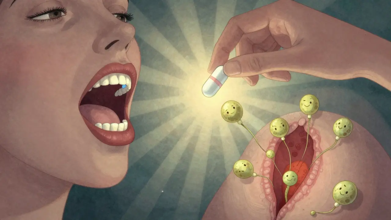 A woman’s body split between oral thrush and yeast infection, with floating yeast balloons and a pill above her.