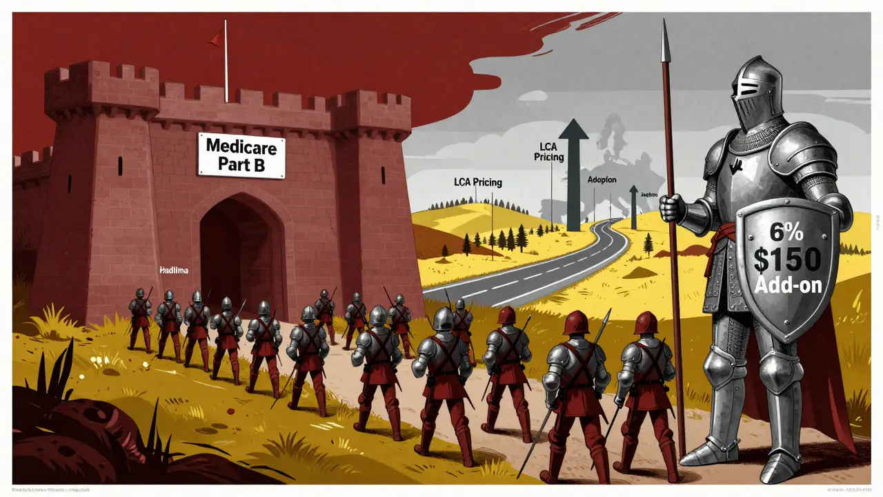 Biosimilar soldiers marching toward a fortress guarded by a knight labeled '6% Reference Add-On,' symbolizing reimbursement barriers.