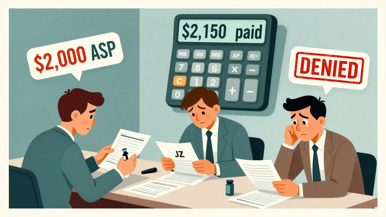 Clinic staff struggling with billing papers, JZ modifier stamps, and a calculator showing higher payment for reference drug.