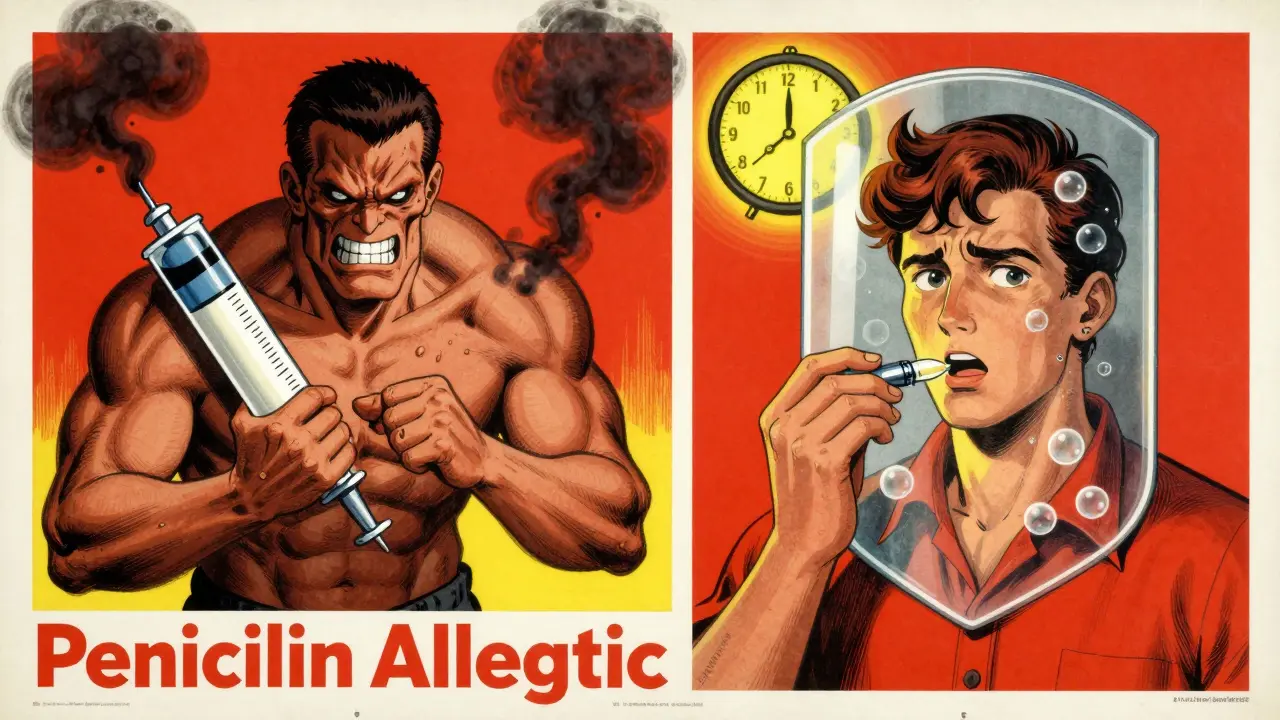 Contrasting images of a patient receiving broad-spectrum antibiotics versus safe penicillin treatment under protective bubbles.