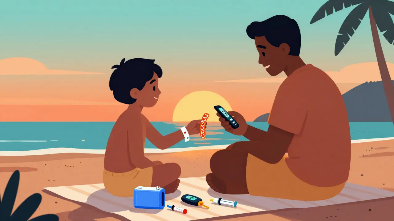 Family on a beach at sunset, child with diabetes ID bracelet eating a fruit leather while parent checks CGM.