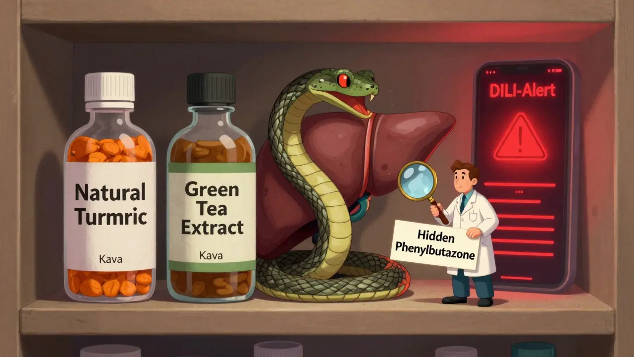 Herbal supplement bottles turning into snakes around a liver, with a hidden drug label revealed under a magnifying glass.